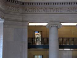 Near the ceiling of the building 7 lobby